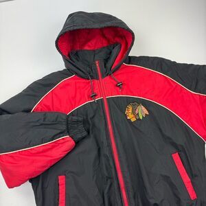 Vintage Chicago Blackhawks Fans Gear Hooded Puffer Jacket XL Red Black NHL 90’s
